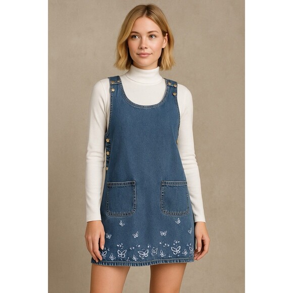 Vintage Eric Charles Y2K Denim Overall Dress Butterfly Embroidered Sz S Cottage - Picture 1 of 12
